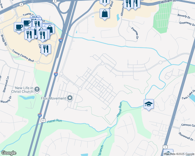 map of restaurants, bars, coffee shops, grocery stores, and more near 1407 Saunders Drive in Fredericksburg