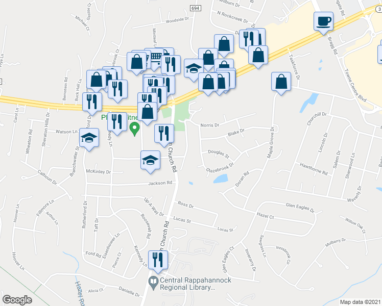 map of restaurants, bars, coffee shops, grocery stores, and more near 12009 Old Salem Church Road in Fredericksburg