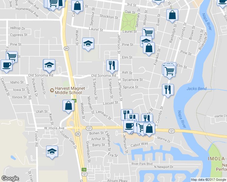 map of restaurants, bars, coffee shops, grocery stores, and more near 216 South Hartson Street in Napa