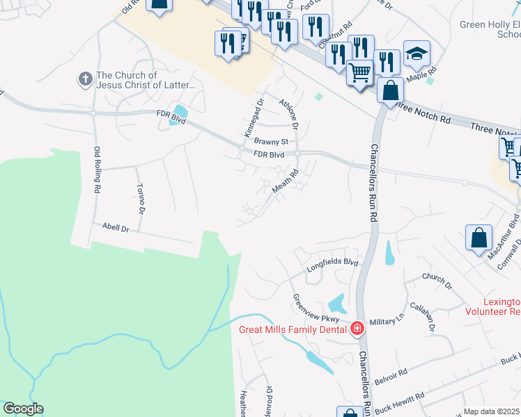 map of restaurants, bars, coffee shops, grocery stores, and more near 45538 Daugherty Court in Great Mills