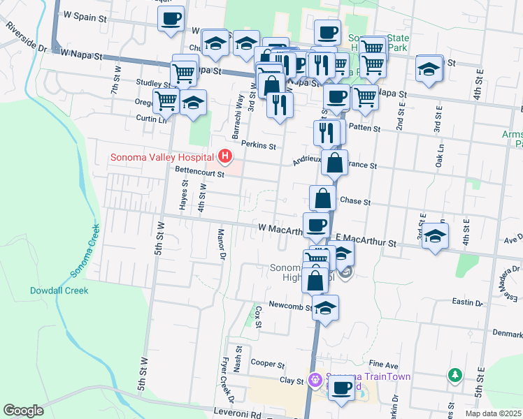 map of restaurants, bars, coffee shops, grocery stores, and more near 867 2nd Street West in Sonoma