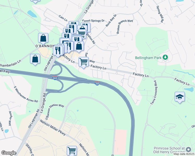 map of restaurants, bars, coffee shops, grocery stores, and more near Pinnacle Gardens Circle in Louisville