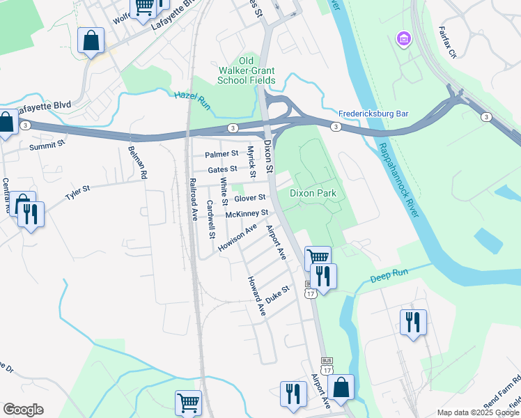 map of restaurants, bars, coffee shops, grocery stores, and more near 217 McKinney Street in Fredericksburg