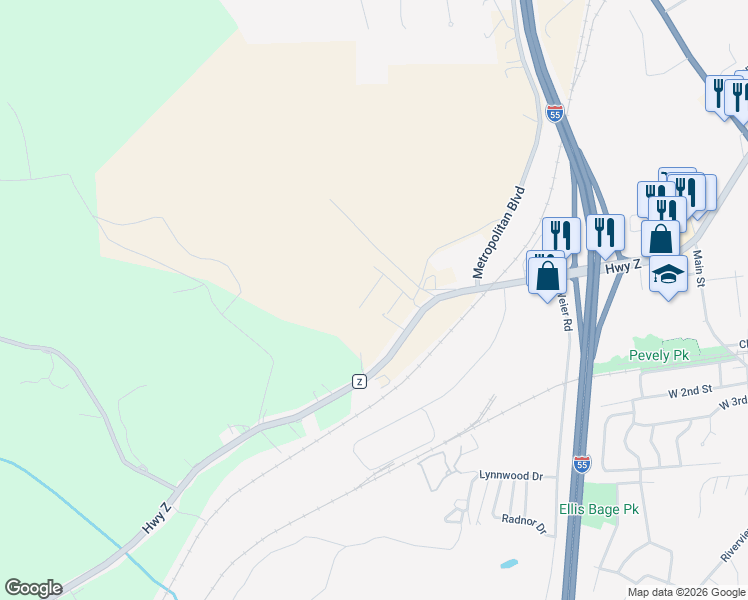 map of restaurants, bars, coffee shops, grocery stores, and more near 1920 Andrew Street in Pevely