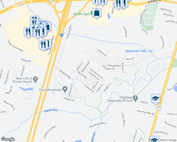 map of restaurants, bars, coffee shops, grocery stores, and more near 1409 Saunders Drive in Fredericksburg
