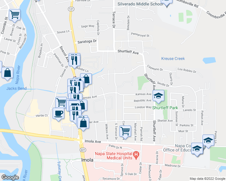 map of restaurants, bars, coffee shops, grocery stores, and more near 1076 Kansas Avenue in Napa