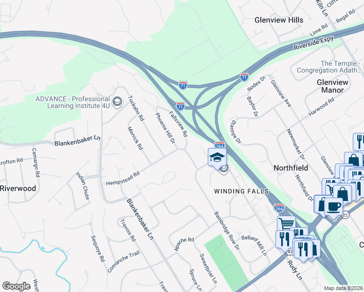 map of restaurants, bars, coffee shops, grocery stores, and more near 5505 Hempstead Road in Louisville