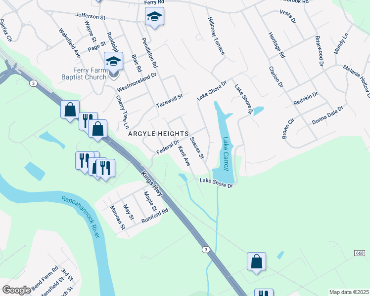 map of restaurants, bars, coffee shops, grocery stores, and more near 204 Kent Avenue in Fredericksburg