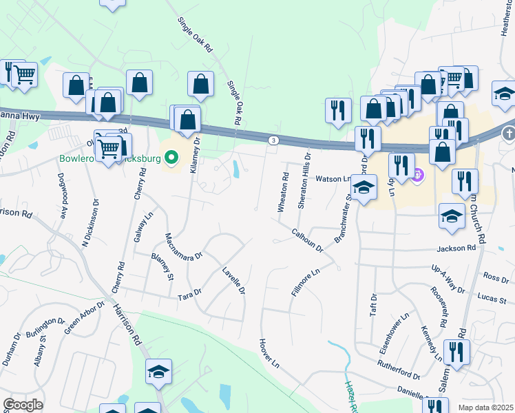 map of restaurants, bars, coffee shops, grocery stores, and more near 12100 Carol Lane in Fredericksburg