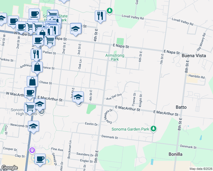 map of restaurants, bars, coffee shops, grocery stores, and more near 760 5th Street East in Sonoma