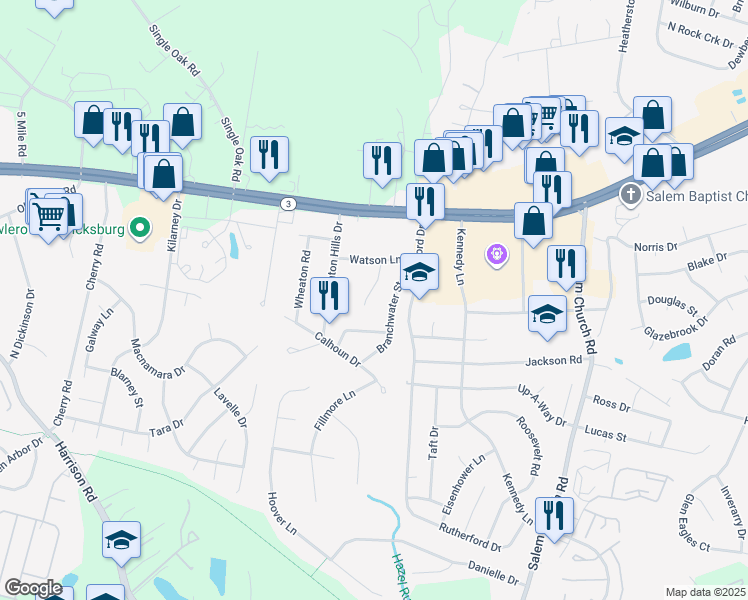 map of restaurants, bars, coffee shops, grocery stores, and more near 12005 Prosperity Court in Fredericksburg
