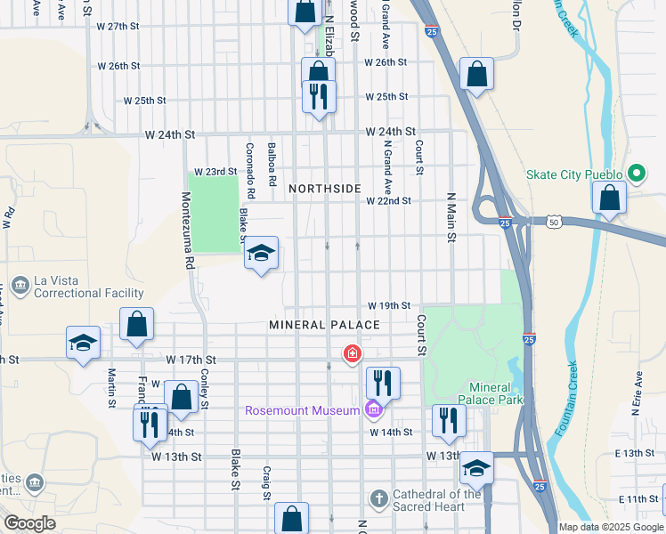 map of restaurants, bars, coffee shops, grocery stores, and more near 2002 North Elizabeth Street in Pueblo