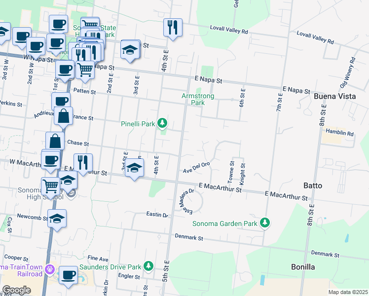 map of restaurants, bars, coffee shops, grocery stores, and more near 760 5th Street East in Sonoma