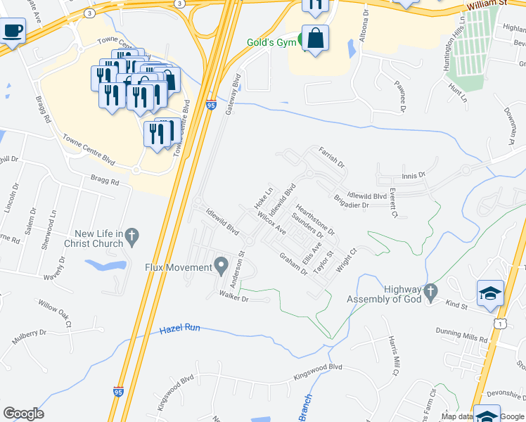 map of restaurants, bars, coffee shops, grocery stores, and more near 1605 Wilcox Avenue in Fredericksburg