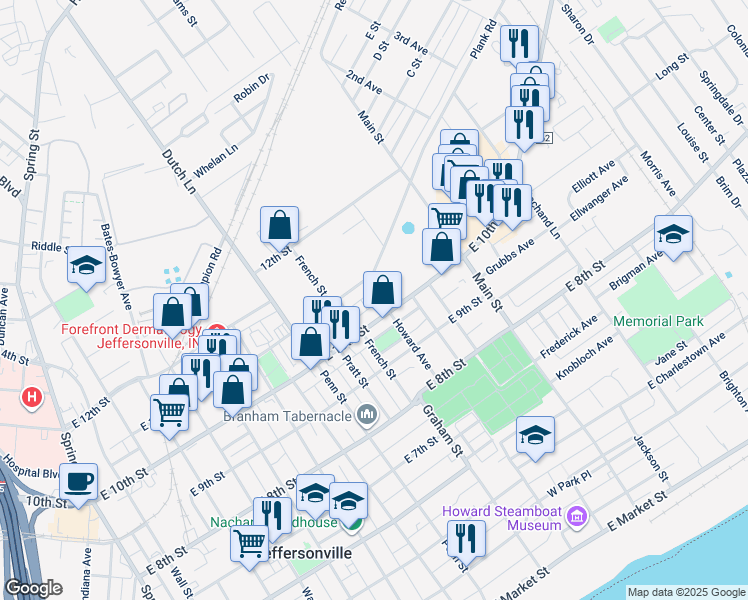 map of restaurants, bars, coffee shops, grocery stores, and more near 1011 Howard Avenue in Jeffersonville