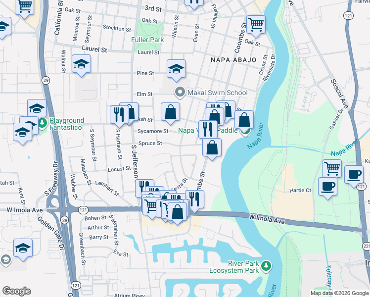 map of restaurants, bars, coffee shops, grocery stores, and more near 64 Arboreo Street in Napa