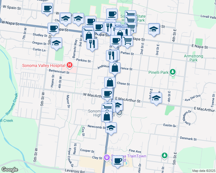 map of restaurants, bars, coffee shops, grocery stores, and more near 845 1st Street West in Sonoma