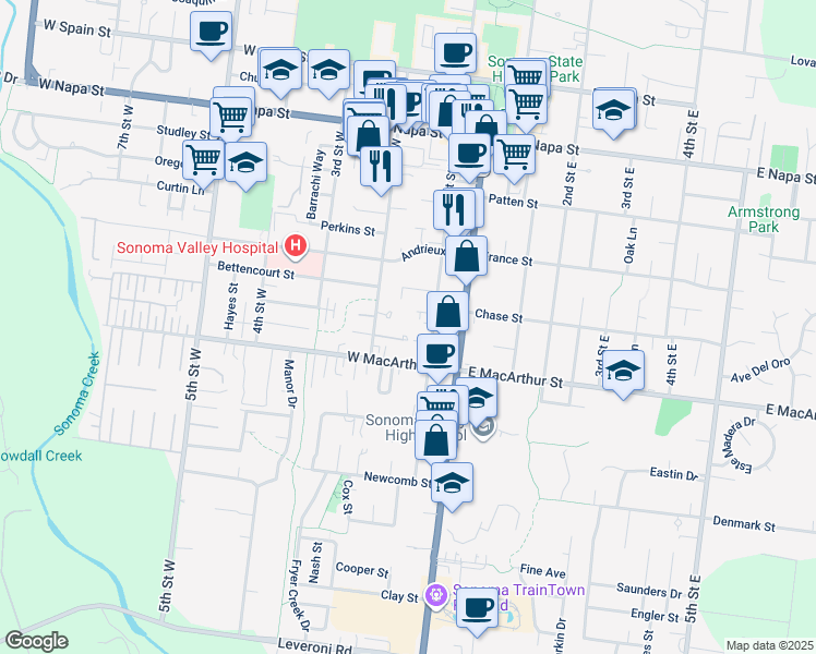 map of restaurants, bars, coffee shops, grocery stores, and more near 174 Piper Lane in Sonoma