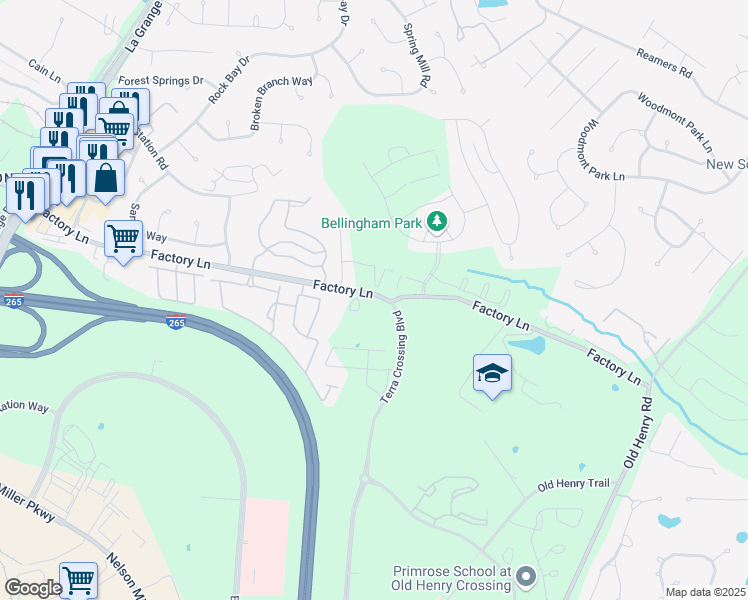 map of restaurants, bars, coffee shops, grocery stores, and more near 13504-13692 Factory Ln in Louisville