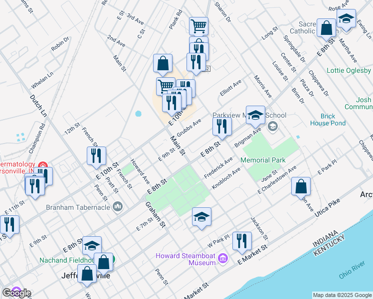 map of restaurants, bars, coffee shops, grocery stores, and more near 1402 East 9th Street in Jeffersonville