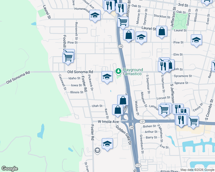 map of restaurants, bars, coffee shops, grocery stores, and more near 2449 Old Sonoma Road in Napa