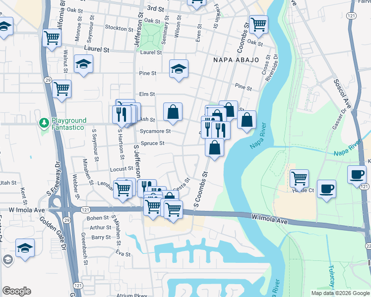 map of restaurants, bars, coffee shops, grocery stores, and more near 1399 Spruce Street in Napa