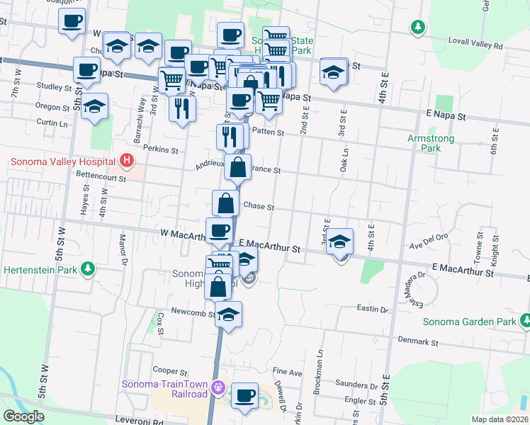 map of restaurants, bars, coffee shops, grocery stores, and more near 131 Chase Street in Sonoma