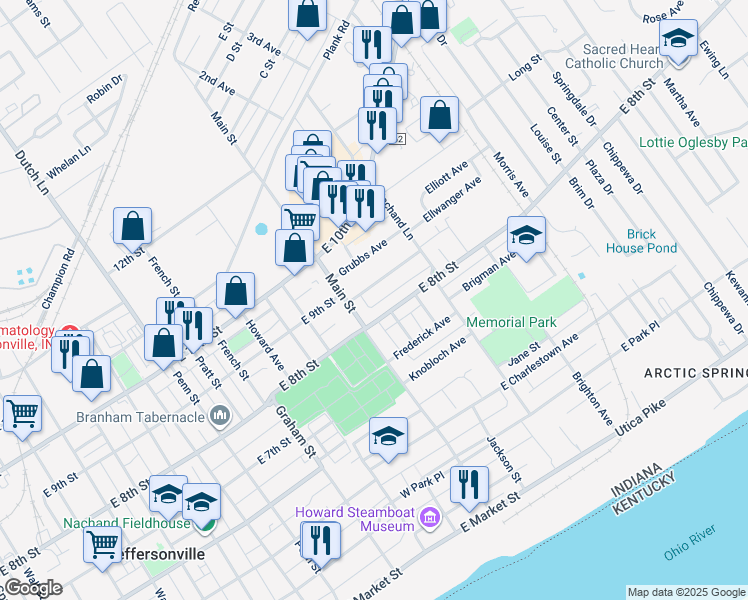 map of restaurants, bars, coffee shops, grocery stores, and more near 1402 East 9th Street in Jeffersonville