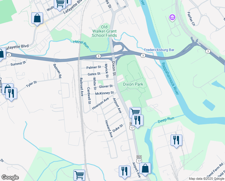 map of restaurants, bars, coffee shops, grocery stores, and more near 211 McKinney Street in Fredericksburg