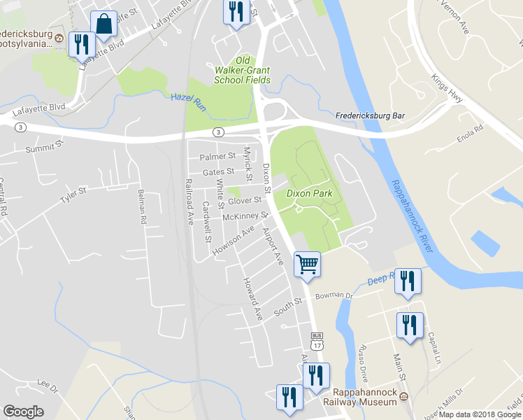 map of restaurants, bars, coffee shops, grocery stores, and more near 211 McKinney Street in Fredericksburg