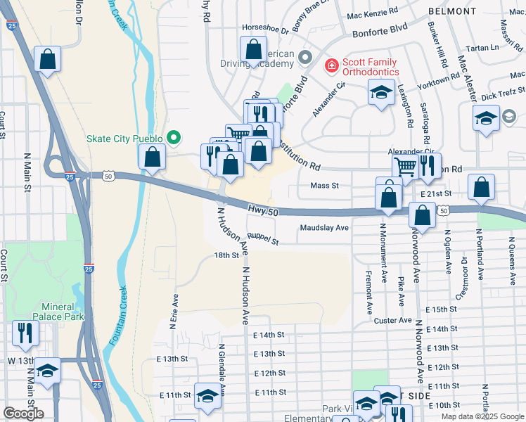 map of restaurants, bars, coffee shops, grocery stores, and more near 1082 U.S. 50 in Pueblo