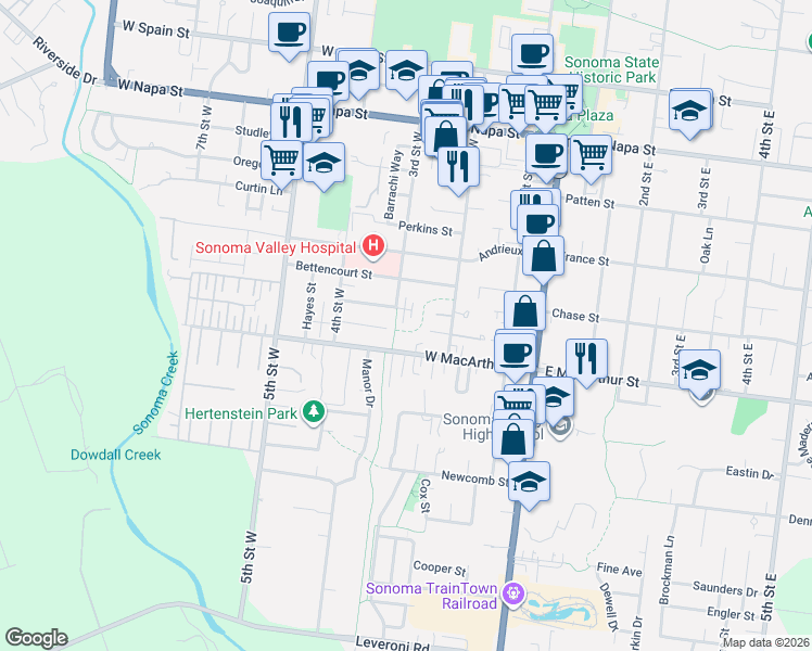 map of restaurants, bars, coffee shops, grocery stores, and more near 856 3rd Street West in Sonoma