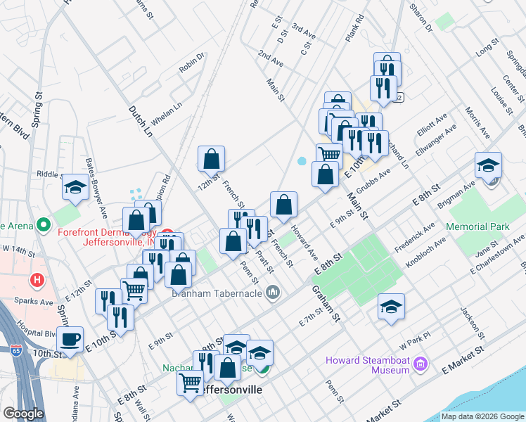 map of restaurants, bars, coffee shops, grocery stores, and more near in Jeffersonville