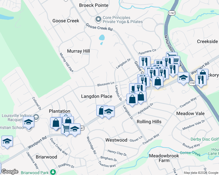 map of restaurants, bars, coffee shops, grocery stores, and more near 2701 Wareham Road in Louisville