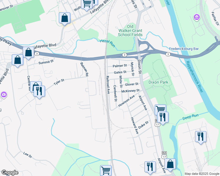 map of restaurants, bars, coffee shops, grocery stores, and more near 1204 Railroad Avenue in Fredericksburg