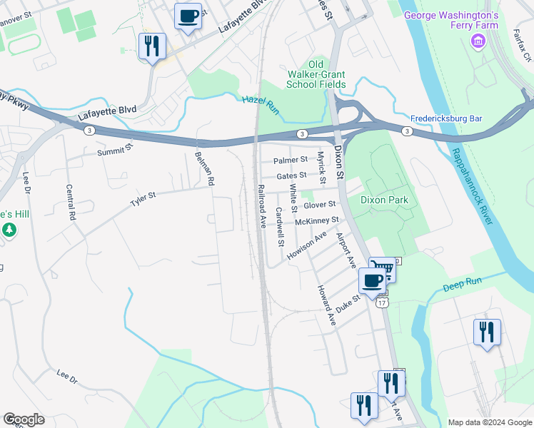 map of restaurants, bars, coffee shops, grocery stores, and more near 1204 Railroad Avenue in Fredericksburg