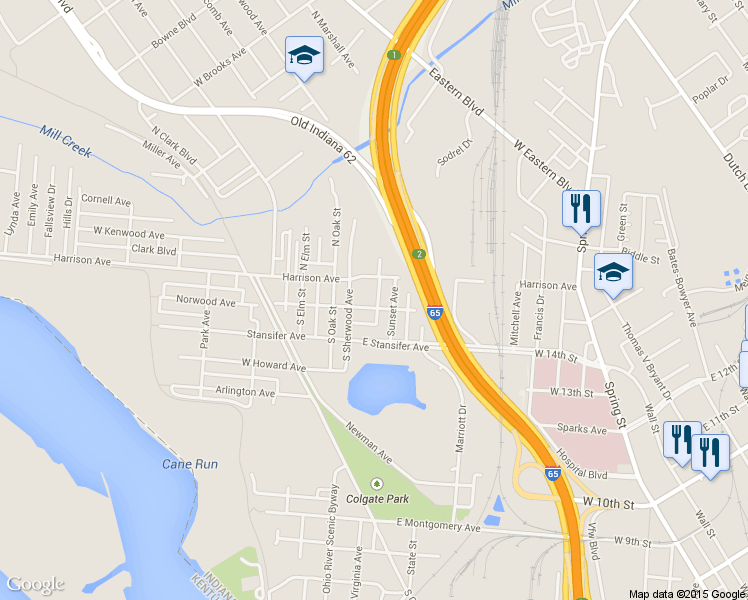 map of restaurants, bars, coffee shops, grocery stores, and more near 131 East Norwood Avenue in Clarksville