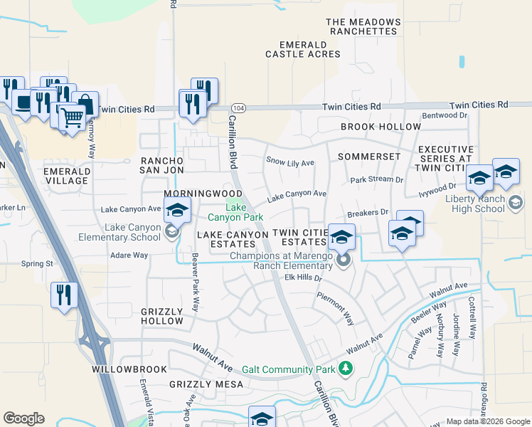 map of restaurants, bars, coffee shops, grocery stores, and more near 911 Courtenay Court in Galt