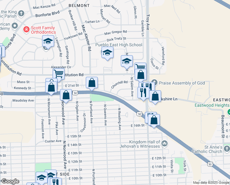 map of restaurants, bars, coffee shops, grocery stores, and more near 2 Churchill Road in Pueblo