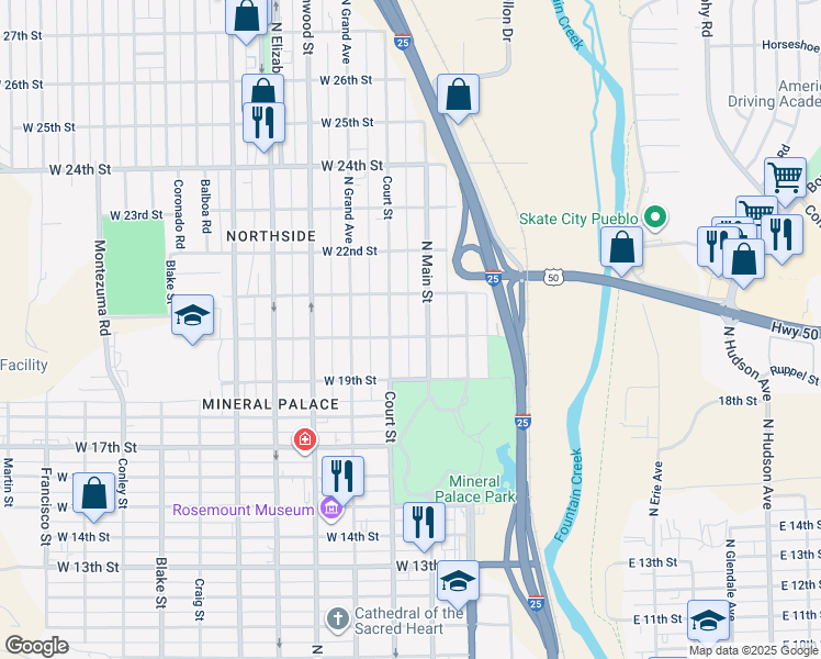 map of restaurants, bars, coffee shops, grocery stores, and more near 253-299 W 20th St in Pueblo
