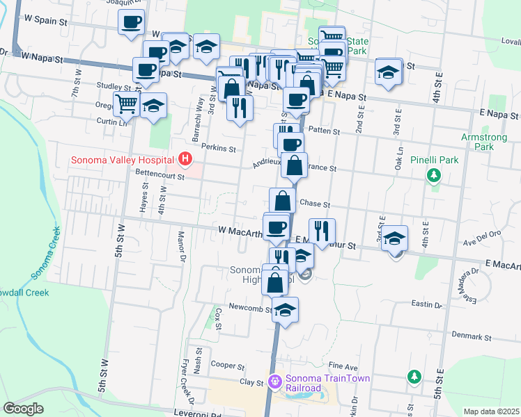 map of restaurants, bars, coffee shops, grocery stores, and more near 845 1st Street West in Sonoma