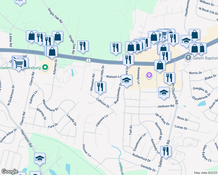 map of restaurants, bars, coffee shops, grocery stores, and more near 12004 Prosperity Court in Fredericksburg
