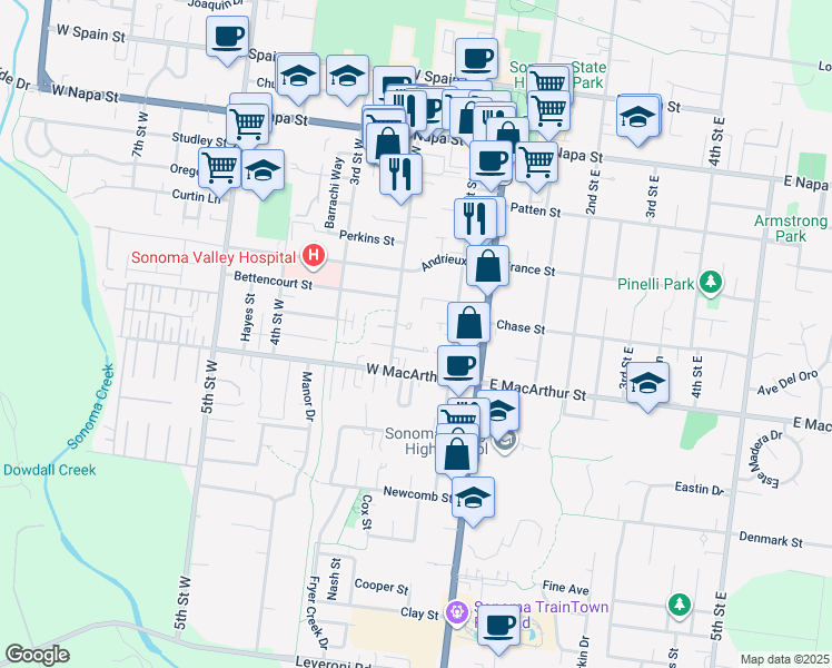 map of restaurants, bars, coffee shops, grocery stores, and more near 836 2nd Street West in Sonoma