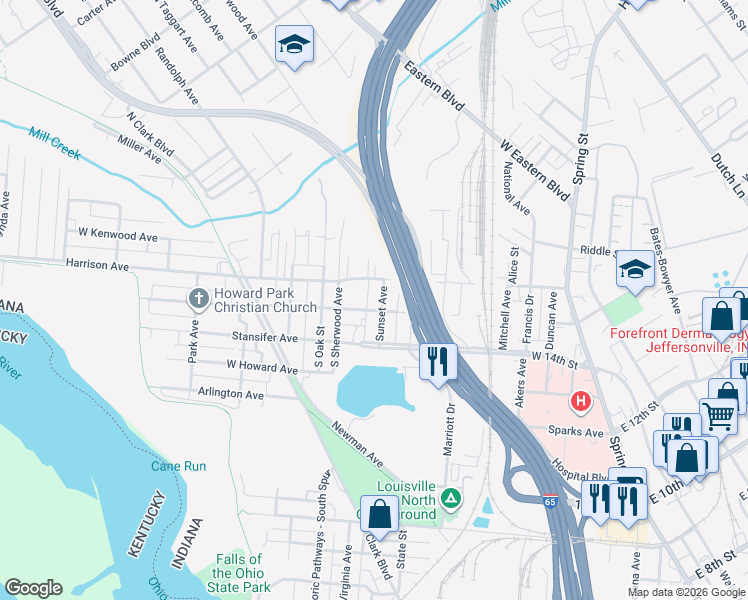 map of restaurants, bars, coffee shops, grocery stores, and more near 131 East Norwood Avenue in Clarksville