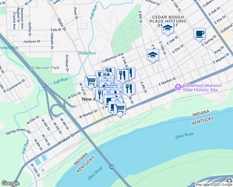 map of restaurants, bars, coffee shops, grocery stores, and more near 222 East Spring Street in New Albany