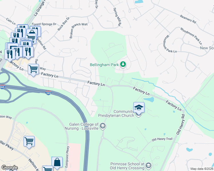 map of restaurants, bars, coffee shops, grocery stores, and more near 13504-13692 Factory Ln in Louisville