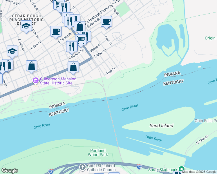 map of restaurants, bars, coffee shops, grocery stores, and more near 1118 Floyd St in New Albany