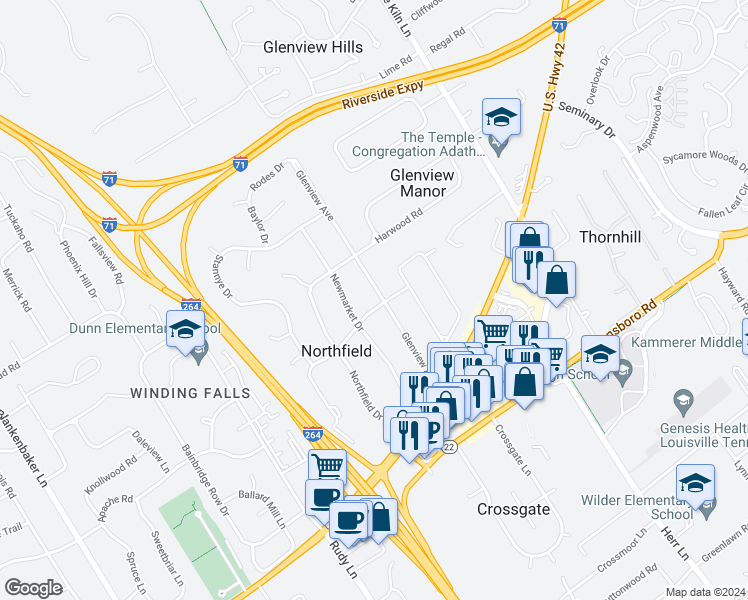 map of restaurants, bars, coffee shops, grocery stores, and more near 2200 Glenview Avenue in Louisville