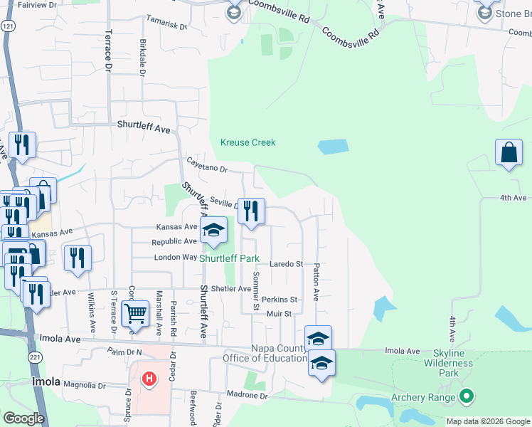 map of restaurants, bars, coffee shops, grocery stores, and more near 1320 Linden Street in Napa