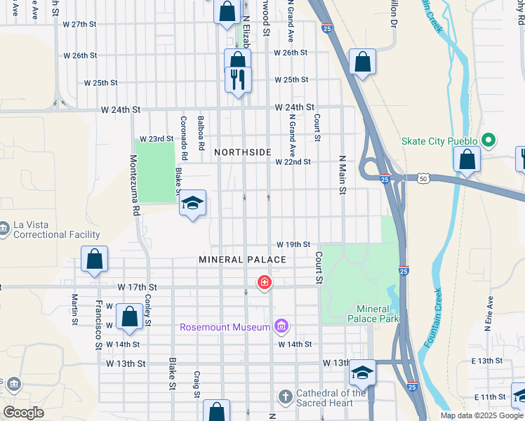 map of restaurants, bars, coffee shops, grocery stores, and more near 2002 North Elizabeth Street in Pueblo
